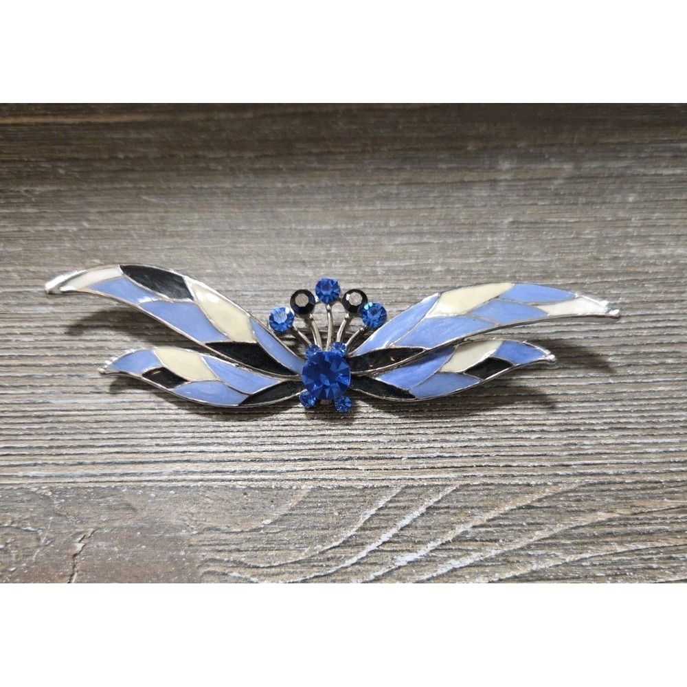 Blue Enamel Flower Brooch Pin Rhinestone Silver Tone Vintage 4 inches Wide